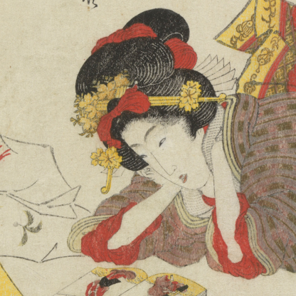 Harukawa Goshichi (active 1790s –1820s), Woman seen through a window gazing at a book of actors